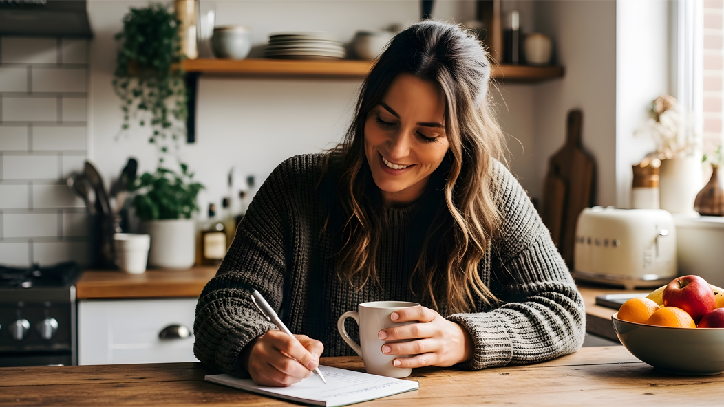 A smiling young woman, writing in a journal and sipping from a mug in a cozy, sunlit kitchen