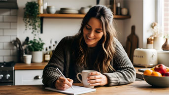 A smiling young woman, writing in a journal and sipping from a mug in a cozy, sunlit kitchen