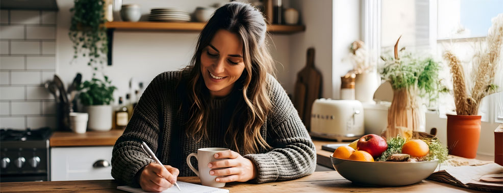 A smiling young woman, writing in a journal and sipping from a mug in a cozy, sunlit kitchen