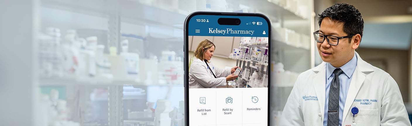 Kelsey Pharmacy app on a mobile phone juxtaposed with a Kelsey-Seybold pharmacist.
