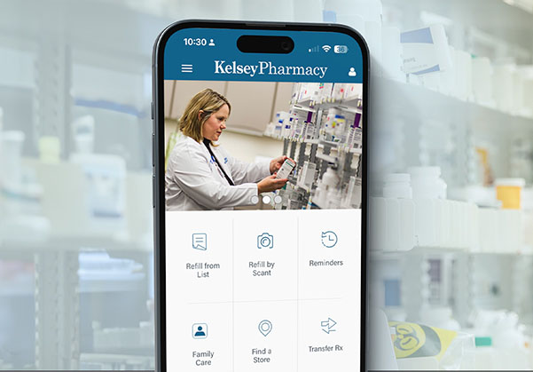Kelsey Pharmacy app on a mobile phone.
