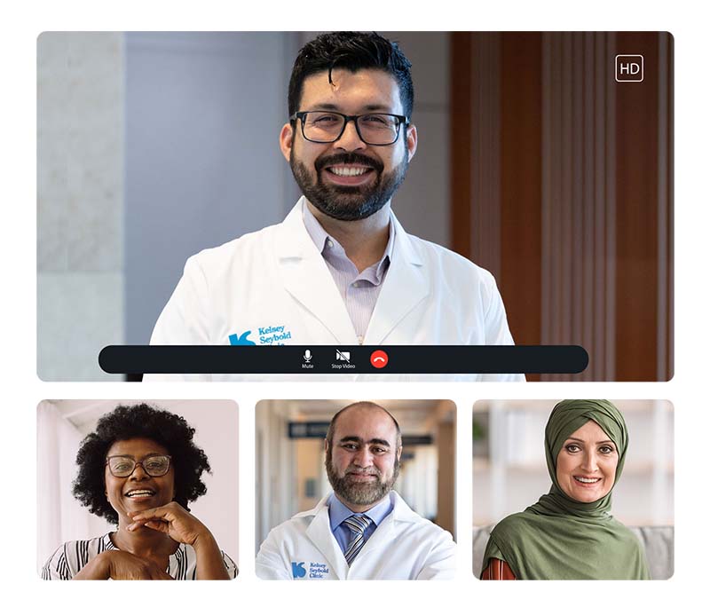 A collage of 4 Kelsey-Seybold providers available for VideoVisitNOW.