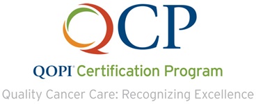 Quality Oncology Practice Initiative badge with text reading QCP, QOPI certification program, quality cancer care: recognizing excellence.