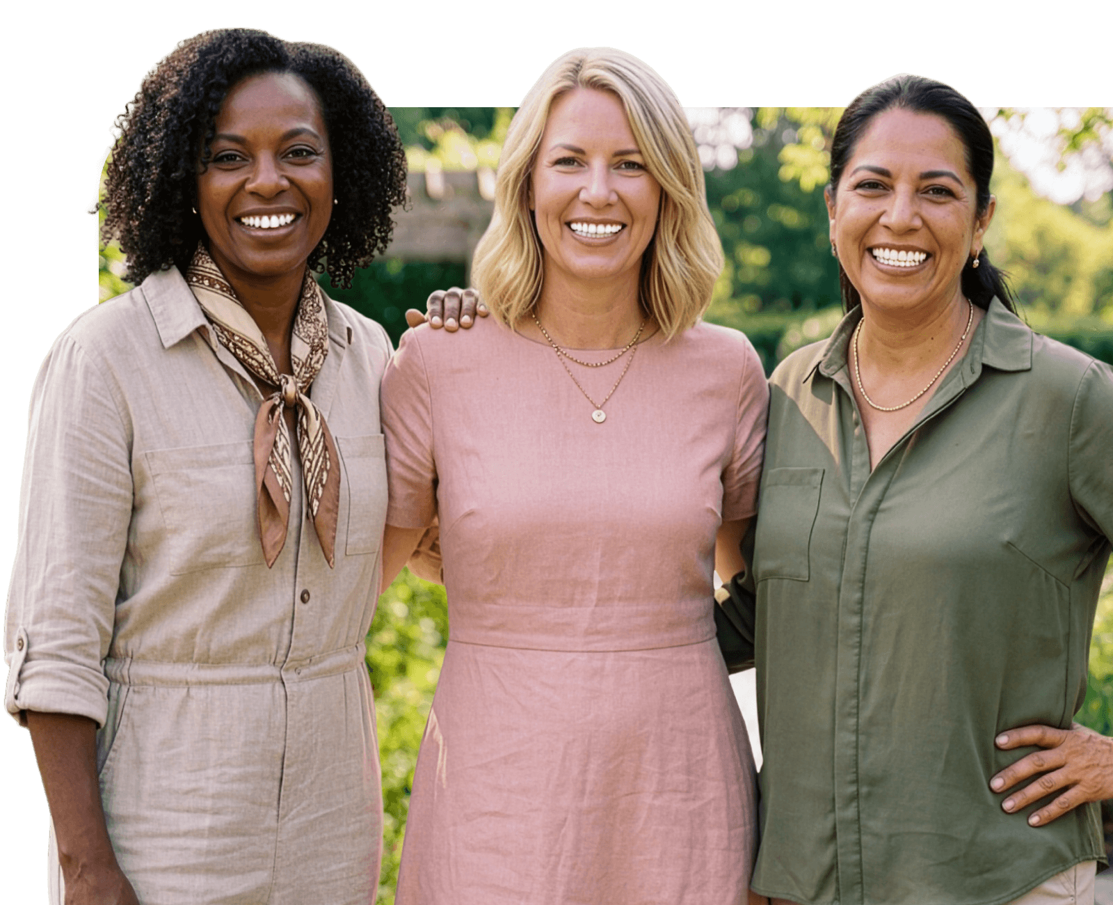 Three smiling women in an outdoor setting